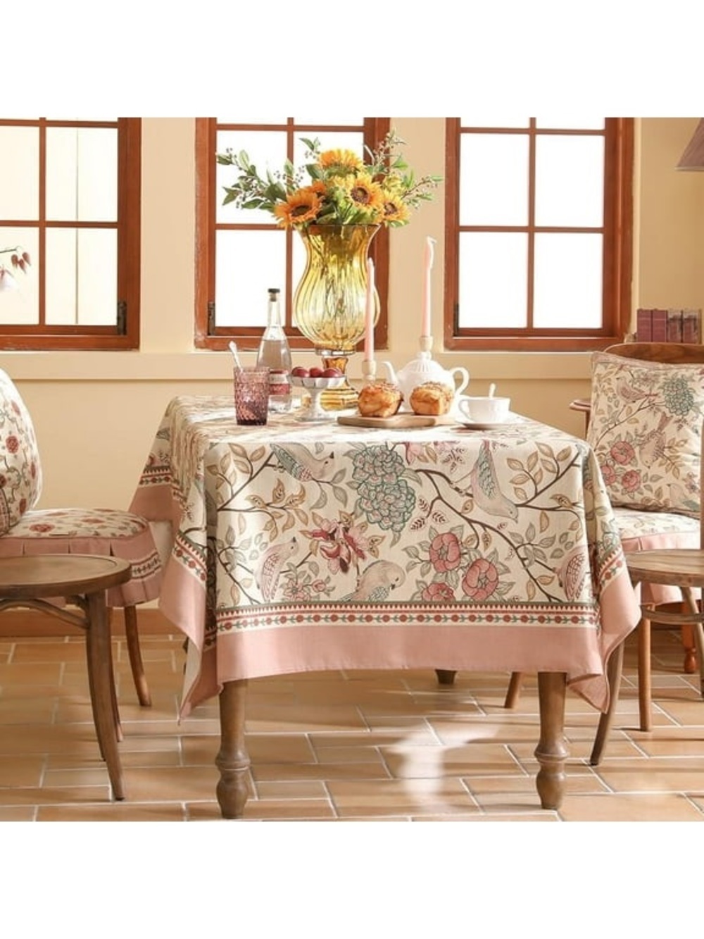 Patdrea Pink Floral Bird Linen Tablecloth French Vintage Rectangle 55x71 NWT - Picture 2 of 6